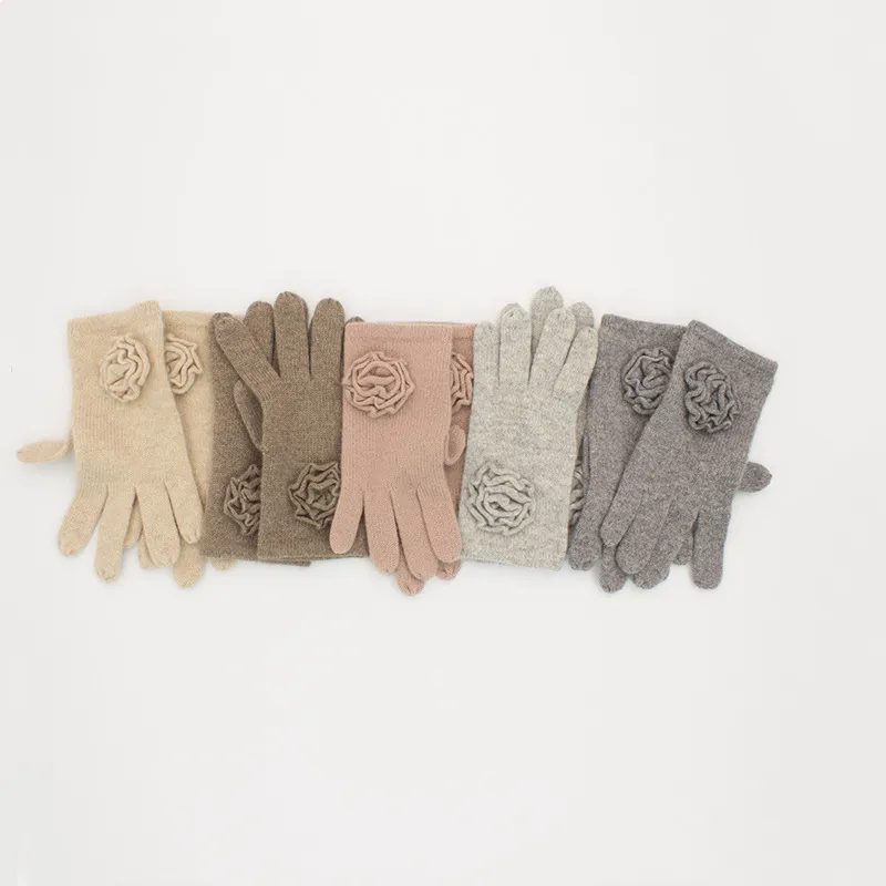 Зимние Теплые 100% кашемировые перчатки с цветочным украшением, женские чистые кашемировые перчатки