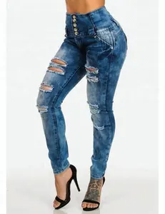 Royal wolf denim jeans manufacturer blue faded wash high waist skinny colombian butt lift ripped brazilian ladies jeans