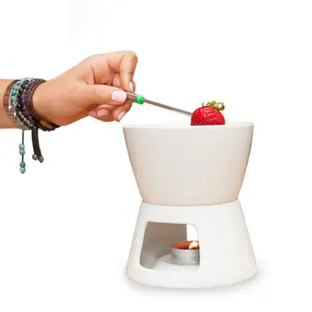 Keramische Chocolade Fondue Set Met 4 Vorken, Premium Thee Licht Porselein Melting Pot Voor Kaas, Chocolade En Tapas