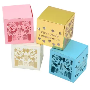 First holy communion christians festival supplies laser cut customize personalize warm house paper hollow small favor box