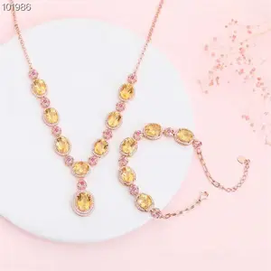 Engagement Jewelry For Women 925 Sterling Silver Crystal Jewelry Set Natural Citrine Bracelet And Necklace Sets