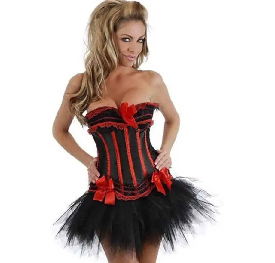 queena Burlesque Corset Dress Red+Black Striped with TUTU Skirt Sexy Boned corset