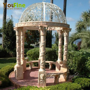 Gazebo Rotondo in Marmo Bianco YouFine Stile Castello Inglese, Grande Padiglione in Pietra Intagliata a Mano per Esterni con Cupola in Ferro Battuto - Product Image 3