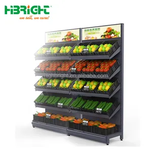 Single Sided Wooden and Metal Fruit Vegetable Display Rack for Supermarket