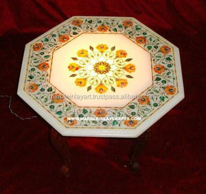 Plateau de table basse en marbre blanc incrusté de forme octogonale - Product Image 1