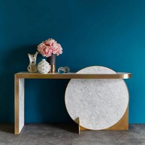 Luxury White <strong>Round</strong> Marble Golden Edge <strong>Console</strong> <strong>Table</strong> with Mirror - Product Image 6