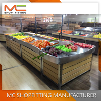 Supermarkt fruitrek, droge voedingsmiddelen displayrek, groentepresentatierek, schap, tafel