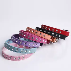 Suede Leather Dog Collar Diamante Diamond One Row Crystal Rhinestone pet collar