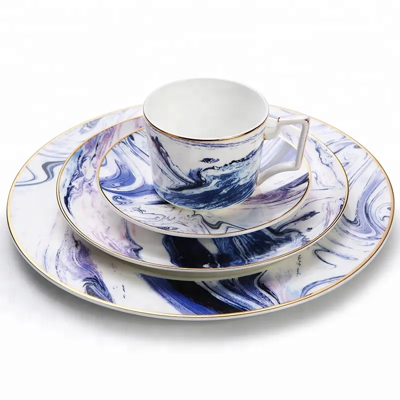 Artistic style blue wash painting ceramic plates with gold rim porcelain cup and saucer sets for restaurant