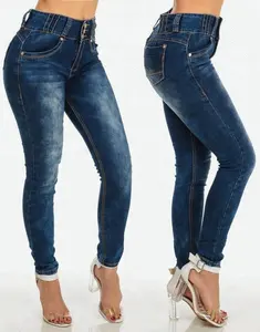 Royal wolf denim jeans manufacturer dark blue bleached wash high waist butt lifting skinny brazilian jeans for women