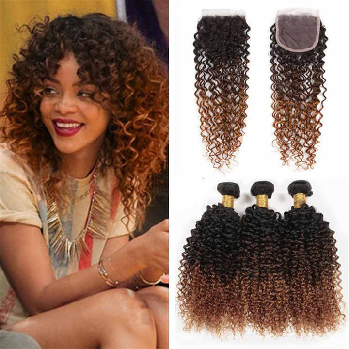 Belum Diproses Dua Warna Ombre 1b Coklat Panjang Pendek Rambut Manusia Keriting Keriting Keriting