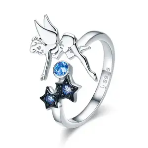 BAGREER SCR349 fashion night fairy with wings custom ring black gemstone 925 silver finger star ring for women jewelry girls