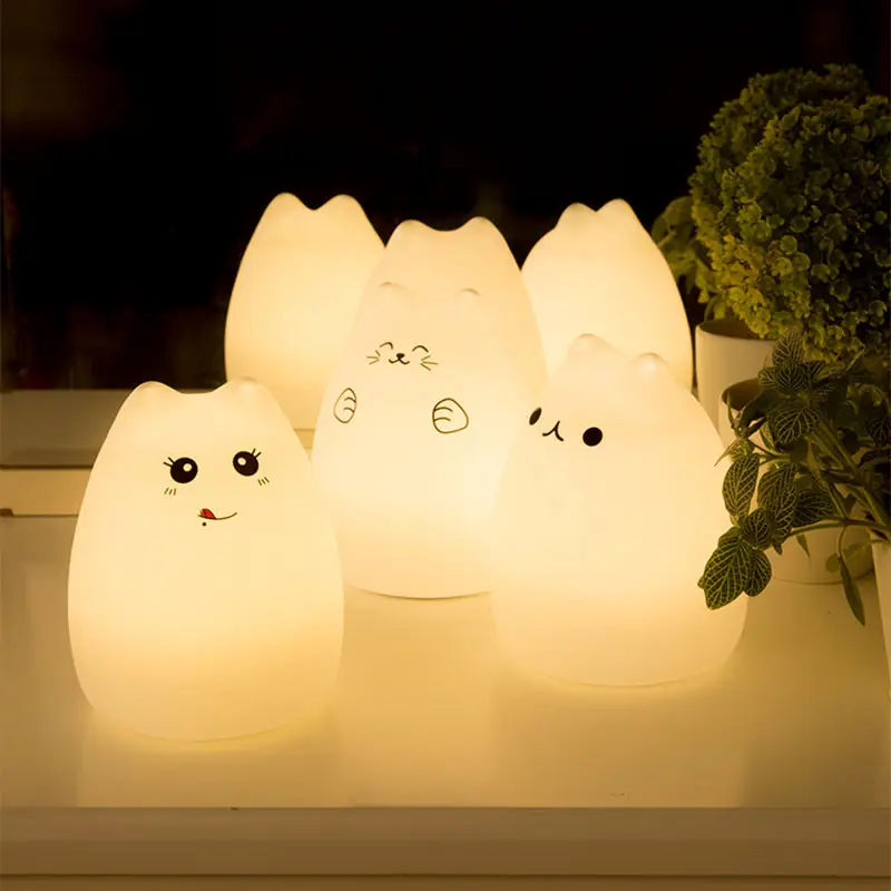 Lampu Malam LED Anak Kucing, Lampu Malam Silikon Led 7 Warna Warna-warni USB Dapat Diisi Ulang untuk Anak-anak