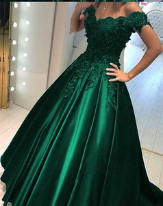 Elegant Beaded Lace Satin Off Shoulder Ball Gowns <strong>Emerald</strong> Green Evening <strong>Dress</strong> - Product Image 3