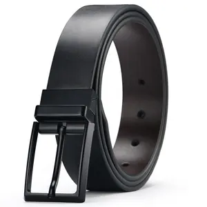 Men's 1.4'' Wide Stitched Belt Leather Reversible Rotated Buckle Belt