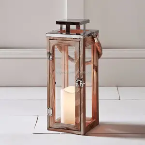 Дешевый держатель для лампы металлическая крышка Серебряный Деревянный свечной фонарь с веревочной ручкой для украшения дома