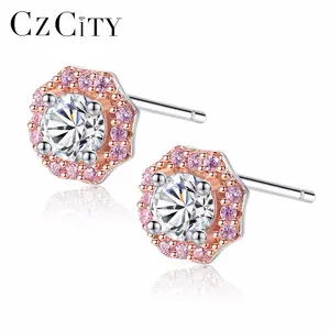 CZCITY Hot Rose Flower 925 Sterling Silver Stud Earring With Clear&Pink Zircon Crystal Earring For Women Anniversary Gift