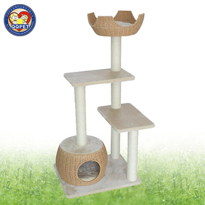 Pohon kucing kayu Playhouse tempat tidur Kondominium tiang gores dengan bola mainan hewan peliharaan bermain dan ruang istirahat - Product Image 4