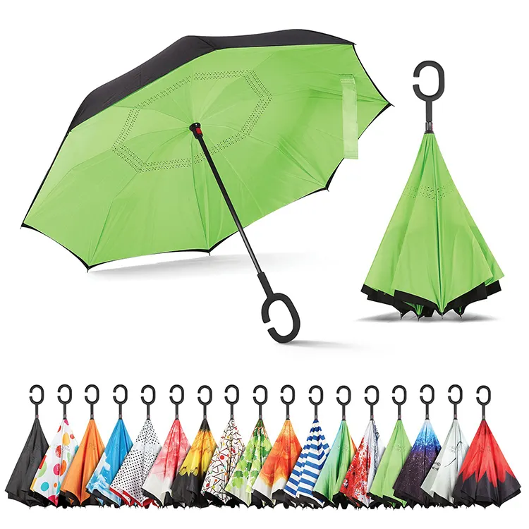 Yeni Stil Özel UV Koruma Rüzgar Geçirmez Çift Katmanlı Ters C Kolu Ters Şemsiye