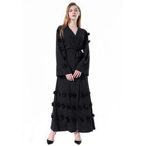 Promotional Loose Winter Islamic Abaya <strong>Kimono</strong> <strong>Black</strong> Women <strong>Long</strong> Lace Batwing Sleeve Front Open Beading Dubai Dress Polyester - Product Image 3