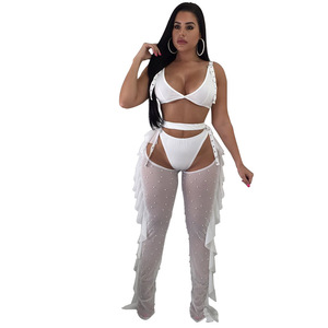 Completo da Donna in 3 Pezzi, Top Corto Trasparente e Pantaloni, Tuta con Schiena Scoperta in Rete con Strass e Perle, Abbigliamento da Club, Lingerie Sexy - Product Image 2