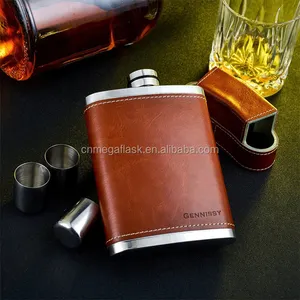 Stainless Flask 8OZ Leather Wrapped Stainless Steel Pocket Hip Flask With Free Funnel And Small Cup