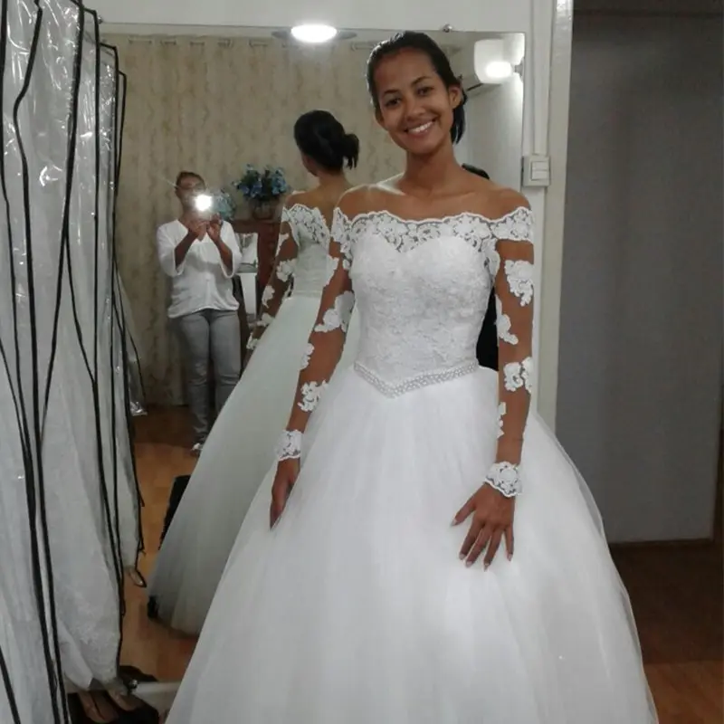Женское свадебное платье с открытыми плечами XN1803, телесного цвета, с длинным рукавом, трапециевидного силуэта, Кружевное белое платье большого размера на заказ, 2022