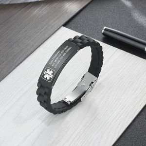 Engraving Medical Alert <strong>Women</strong> Men Kids Bracelet Black Personalized <strong>Wristband</strong> - Product Image 5