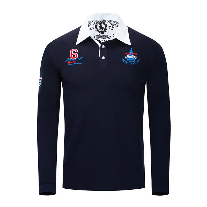 Wholesale 100% cotton navy long sleeve embroidered polo shirt for men