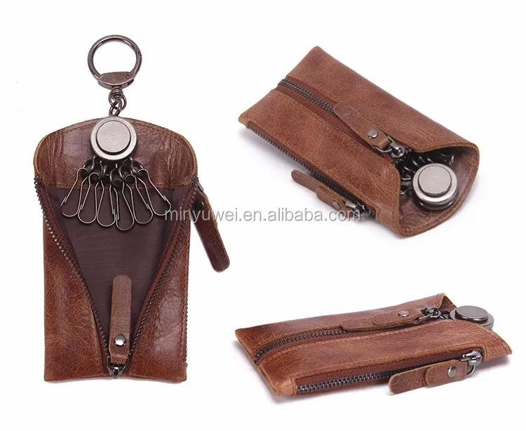 vintage men leather key wallet oil wax leather zip key case hot selling