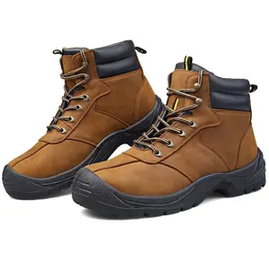 Sapatos de couro antiderrapantes para homens, venda quente de sapato de tornozelo alta, antiderrapante, com placa de aço, resistente, sapatos de segurança de couro