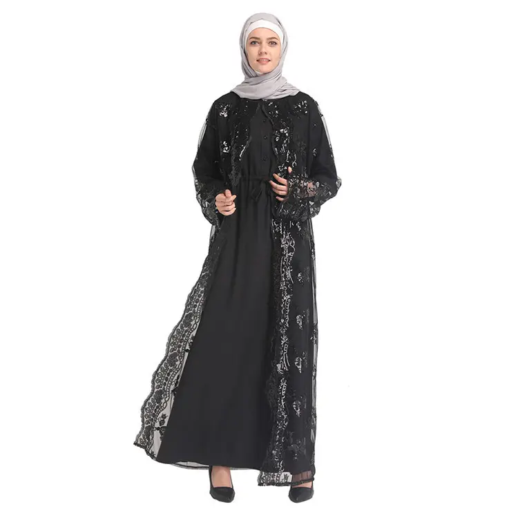 Lantejoulas de manga curta do estilo paquistão, estilo hijaab jilb robe islâmico preto com manga curta 2019