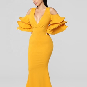 <span class=keywords><strong>Venta</strong></span> al por mayor de moda frío hombro cuello V profunda niveles mangas mujeres Maxi vestido largo - Product Image 1