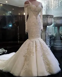 Mermaid Long Sleeves Wedding Dresses 2021 Lace Crystal Bridal Gowns Online Bridal Dress African Mermaid Wedding Gown