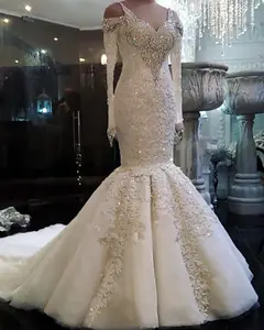 Robe de mariée sirène à manches longues, en dentelle et cristal, en ligne, style africain, 2021