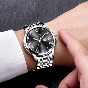 Lige Lg9846 Người Đàn Ông Của Thép Không Gỉ Lớn Mặt Đen Tone Dễ Dàng Để Đọc Thạch Anh Đồng Hồ Sang Trọng Không Thấm Nước Ngày Lịch Đồng Hồ Cho Nam Giới - Product Image 1