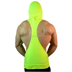 Neon Yellow 100% Polyester Dry Mens Gym Stringer Hoodie Black Plain Muscle Bodybuilding Hooded Fitness Tank Top