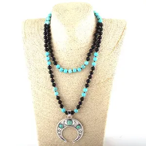 Collana da donna collana con ciondolo a forma di stella di luna in metallo annodato con pietra turchese nera 108 perline collana Mala gioielli occidentali