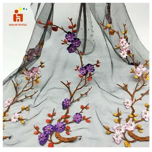 HLS163# high end fashion design printed organza fabric 3D flower applique embroidery