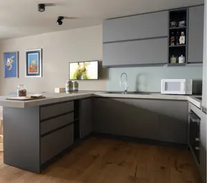 Desain Modern Warna Krem Furnitur Dapur Kayu Bentuk L Kabinet Dapur dengan Pulau