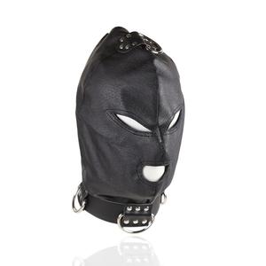 レザーブラックボンデージフードマスクヘッドハーネス、目と口を開いて拘束またはスレーブコスプレ