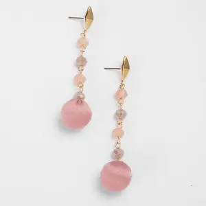 Red Pink Ball with Rosary Chain Drop and square post Delicate Earrings