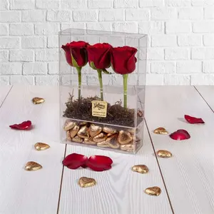 Perspex Conserve di Rose Fresche Caso Plexiglass Fiore di Cioccolato Regalo Box Acrilico Trasparente 3 Rose Scatola con Cioccolato Cassetto