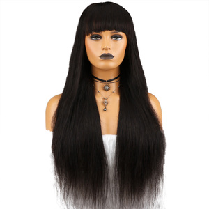 Venta al por mayor negro sedoso recto brasileño de la Virgen del pelo humano del frente del cordón pelucas con flequillo - Product Image 3