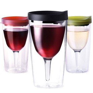 12oz double wall acrylic plastic red wine glass sippy cup with lid