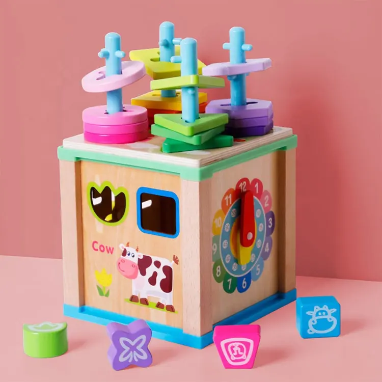 2019 baby lernen und spielen pädagogisches holz multi-funktion puzzle spielzeug holz wissen labyrinth 6 in1Cube spielzeug