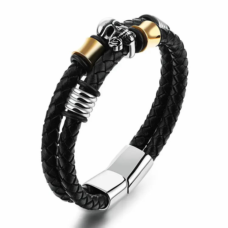 Marlary Fashion Mens Hand Jewelry DIY Braided Leather Skull Bracelet