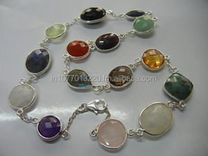 Multi Gemstone Bezel Set Connector Sterling Silver <b>Beaded</b> <b>Necklace</b> for Wedding Gift - Product Image 4