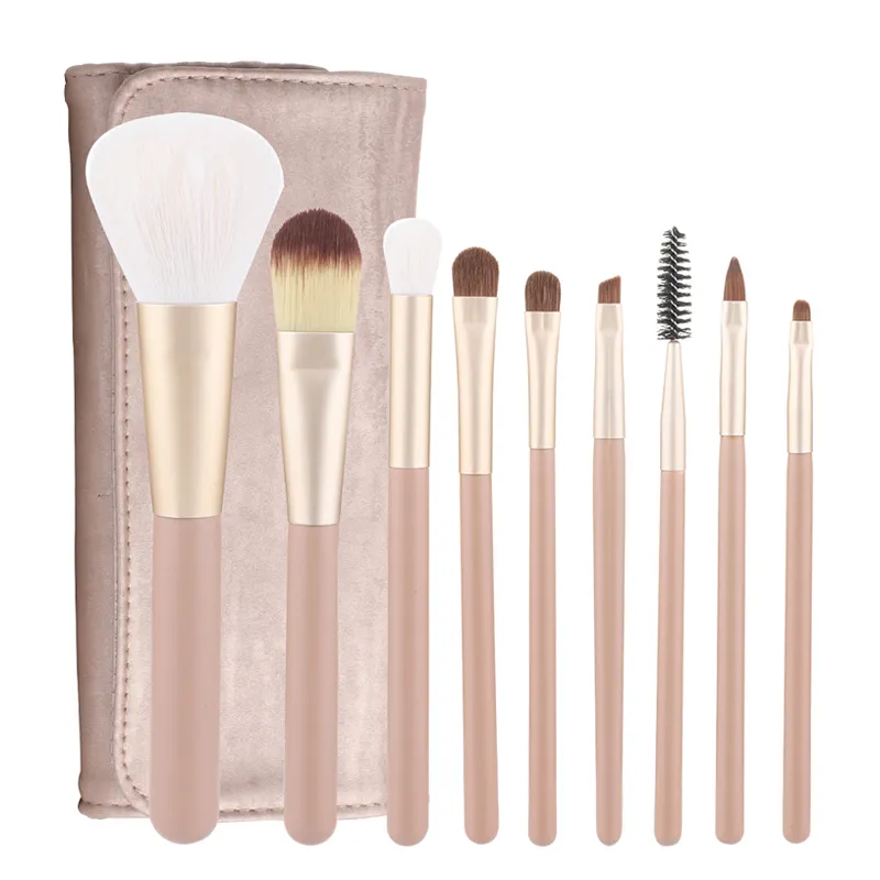 wooden handle white head makeup brushes set with golden bag wholesale makeup brushes