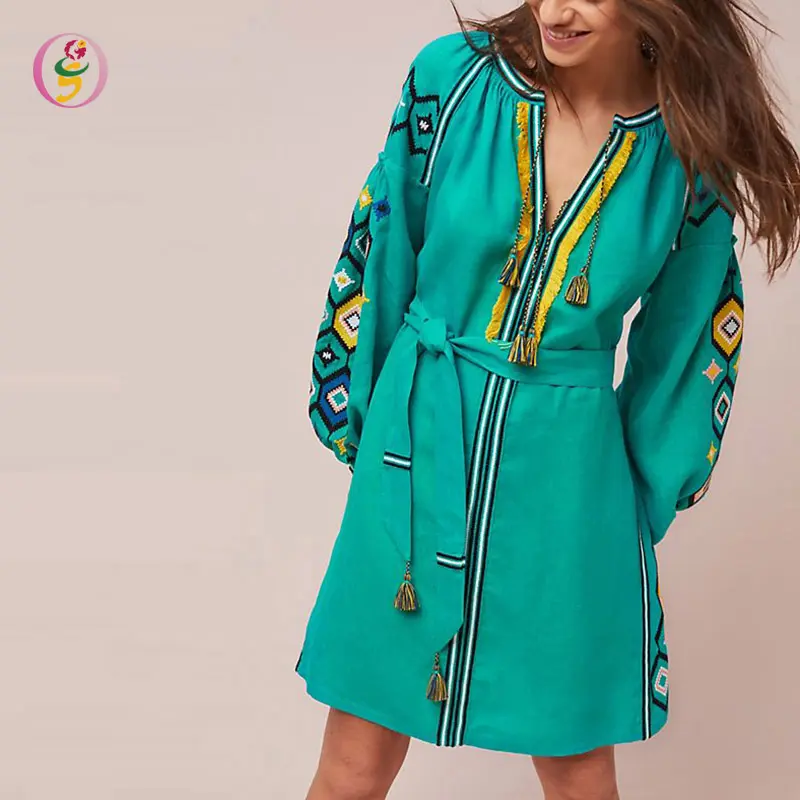 Ricamato Abito Contadino Mini silhouette Causale Strisce Figura Lusinghiero Vestito manica lunga Flora Boho di Stile Dell'annata del vestito